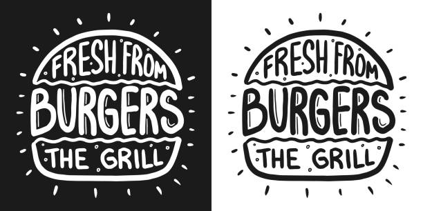 Best burger lettering with rays and engraving bun. White vector vintage illustration on dark chalkboard. For poster and menu. Fresh burger from the grill lettering with rays and engraving bun vector vintage illustration. For poster and menu. burger stock illustrations