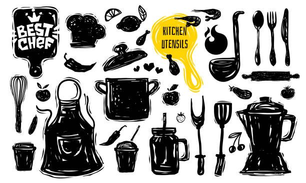 Best chef culinary school logo design label sticker poster banner. Kitchen utensils food elements. Best chef culinary school logo design label sticker poster banner. Kitchen utensils food elements. Soup pot knife fork spoon plate pan Hand drawn vector design illustration. smoothie silhouettes stock illustrations