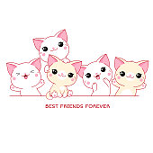 Best friends forever. Horizontal border with cute cats in kawaii style. Isolated on white background. Vector illustration for design of t-shirt, poster, print, card. EPS8