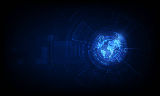 글로벌 비즈니스의 최고의 인터넷 개념. 글로브, 기술 배경에 빛나는 라인. 전자, wi-fi, 광선, 기호 인터넷, 텔레비전, 모바일 및 위성 통신 - 세계적인 stock illustrations