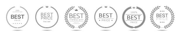 Best price wreath icon set Best price Laurel wreath label badge set isolated. Promo signs. Vector illustration best sellers stock illustrations