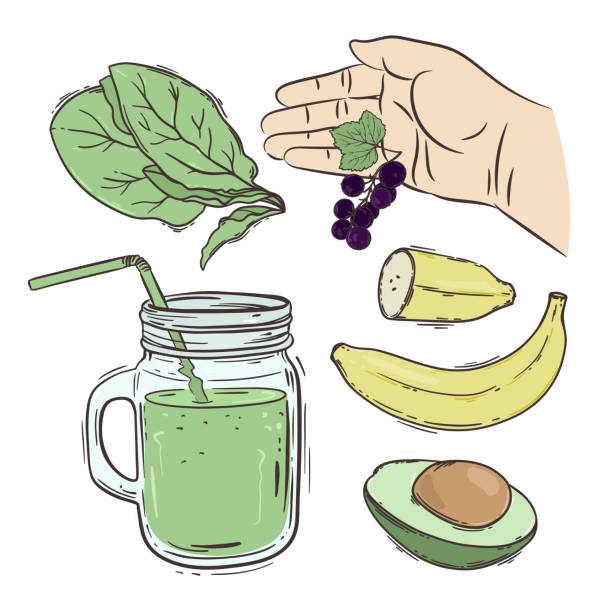 stockillustraties, clipart, cartoons en iconen met smoothie hoe maken drank recept vector illustratie set - vegan keto