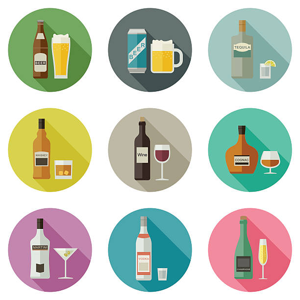 Beverages and drinks icons. Drinks and beverages icons. Bottles of alcoholic beverages with mugs and glasses. alcohol drink icons stock illustrations