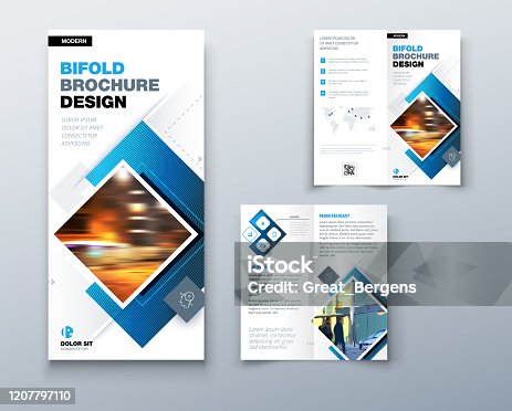 istock Bi fold brochure design with square shapes, corporate business template for bi fold flyer. Creative concept folded flyer or bifold brochure. 1207797110