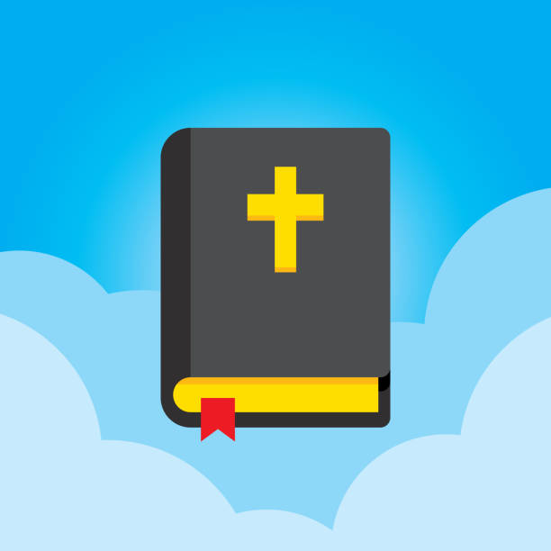 Bible Icon Flat Vector illustration of a bible against a blue sky with clouds background in flat style. bible stock illustrations