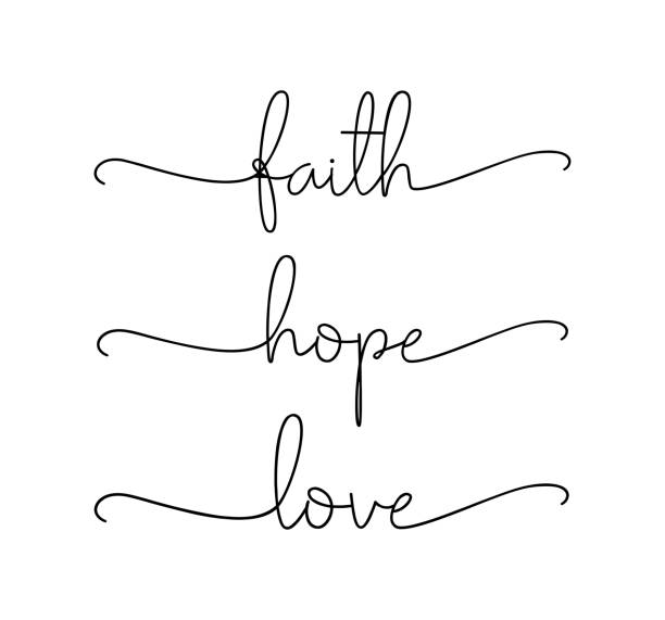 FAITH, HOPE, LOVE. Bible, religious, churh vector quote. FAITH, HOPE, LOVE. Bible, religious churh vector quote. Lettering typography poster, banner design with christian words: hope, faith, love. Hand drawn modern calligraphy text - faith, hope, love. religion stock illustrations