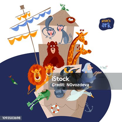 istock Bible story. Noah’s ark with various animal pairs (monkey, bear, giraffe, lion, penguin, crocodile, koala, goose, pigeon, crab). Black and white. 1093503698