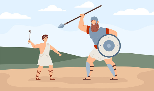 Biblical king David fighting with giant Goliath, flat vector illustration.