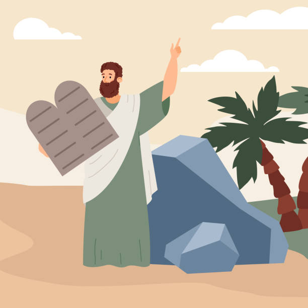 Biblical prophet Moses with ten commandments, flat vector illustration. Biblical prophet Moses holding stone with ten commandments in desert, flat vector illustration. Jewish Biblical or Old testament Moses prophet with religious laws. 10 11 years stock illustrations