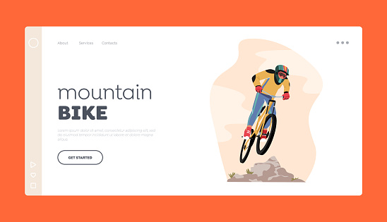 Bicycle Active Sport Landing Page Template. Cyclist Sportsman Character in Sports Wear and Helmet Riding Mountain Bike