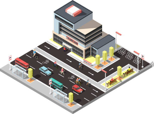 City constructor isometric fragment with modern town building stop...