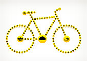 Bicycle  Honey Bee Vector Yellow Button Pattern. This royalty free vector image features the main shape composed of yellow honey bee and honey icons. The yellow buttons fill up the outlines of the main shape to form a seamless pattern. The icons include various bees, flowers and other items relevant to the honey industry. The background is light in color.