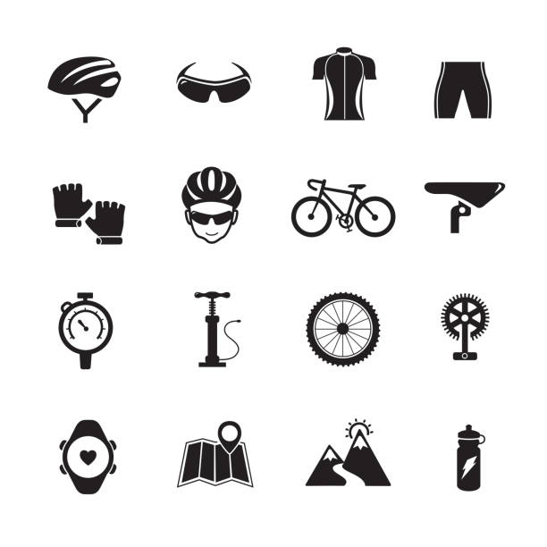 Bicycle icons Bicycle icons, Set of 16 editable filled, Simple clearly defined shapes in one color, Vector cycling icons stock illustrations