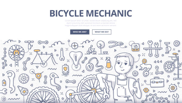 Bicycle Mechanic Doodle Concept Doodle vector illustration of a mechanic repairing bicycle in a workshop. Bicycle repair shop concept for web banners, hero images, printed materials cycling borders stock illustrations