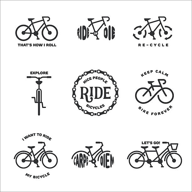 велосипед, набор текста. векторные винтажные иллюстрации. - двухколёсный велосипед stock illustrations