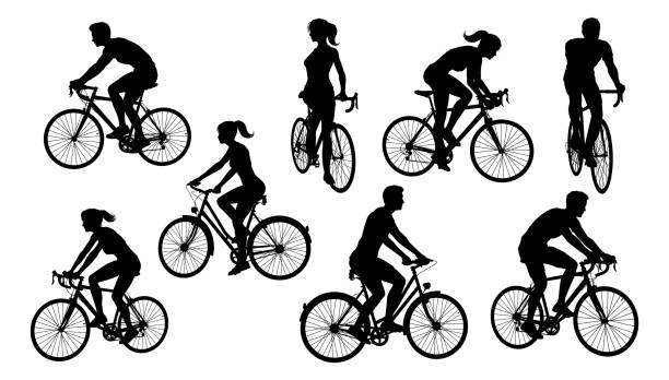 Bicycle Riding Bike Cyclists Silhouettes Set A set of bicycle cyclists riding their bikes in silhouette cycling silhouettes stock illustrations