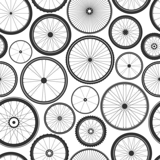 Bicycle wheel seamless pattern. Bike rubber mountain tyre, valve. Fitness cycle, mtb, mountain bike. Vector illustration Bicycle wheel seamless pattern. Bike rubber mountain tyre, valve. Fitness cycle, mtb, mountainbike. Vector illustration hot wheels flames stock illustrations