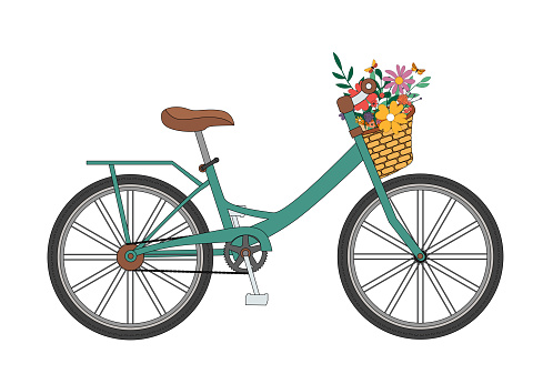 Bicycle with a bouquet of spring flowers. Vector Illustration. EPS10
