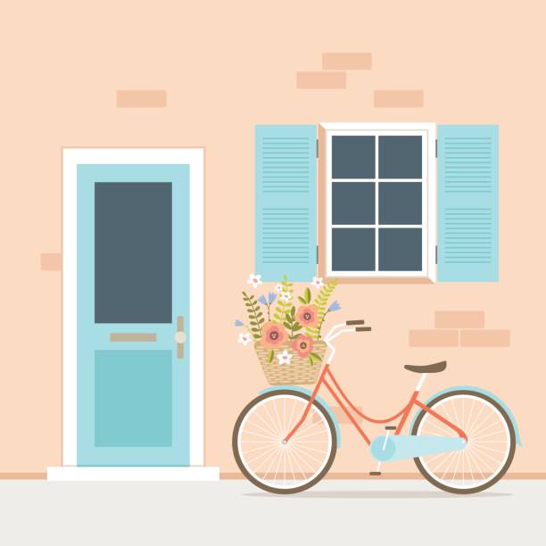 家の入口の前に花かごが置いた自転車 - 玄関のドア点のイラスト素材／クリップアート素材／マンガ素材／アイコン素材