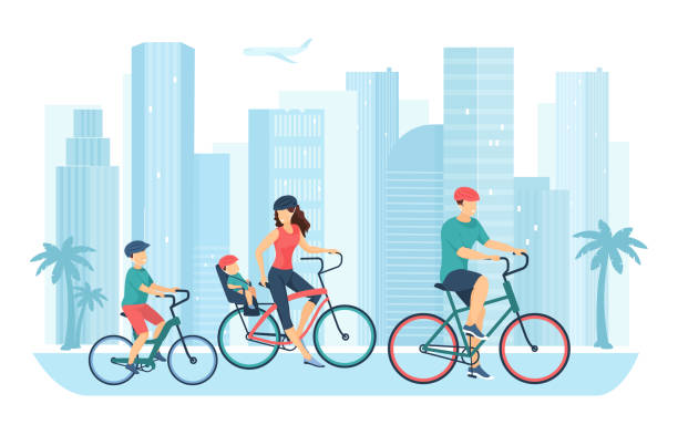 Big active family with kids ride bicycles on city street, group of cyclists traveling vector art illustration