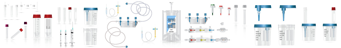 Big bag of intravenous antibiotics and plastic infusion set. System for intravenous infusions with a converting device. Tube and blood collection set. Vector