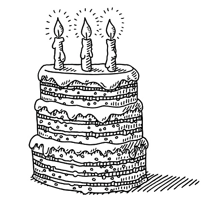 Big Birthday Cake With Three Candles On Top Drawing
