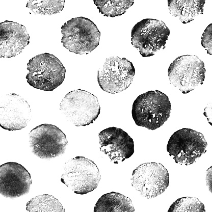 Big black dots pressed carelessly by hand with a round sponge - isolated illustration on white paper background - art in vector with unique uneven irregular and uncontrolled trails of imprinted thick paint