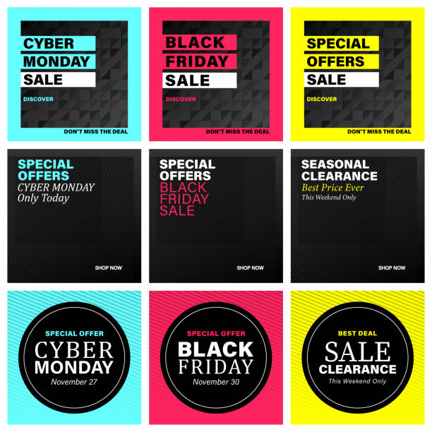 Big Black Friday and Cyber Monday sale design. Web and social media banner set with modern background. Special Offer, Clearance, Square, Black. cyber monday stock illustrations