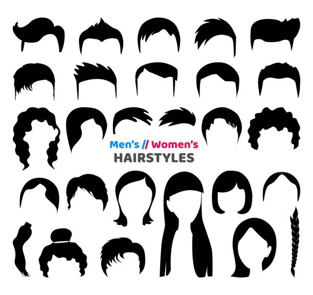 Big black hair silhouettes collection of fashionable haircuts or hairstyles for mens or girls, isolated on white background. Fashion hand drawn vector illustration Big black hair silhouettes collection of fashionable haircuts or hairstyles for mens or girls, isolated on white background. Fashion hand drawn vector illustration. short hair stock illustrations