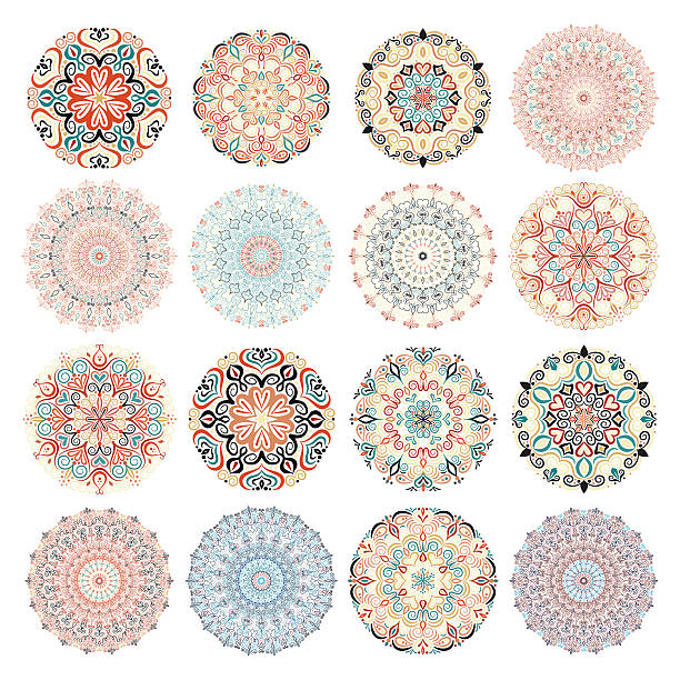 Big Bundle of Round Ornaments Isolated Mandala Patterns set. Colorful round ornaments. Floral templates for your design. Flower design elements. Intricate mandala patterns for meditation, yoga, relax, tattoos, invitations design. yoga patterns stock illustrations