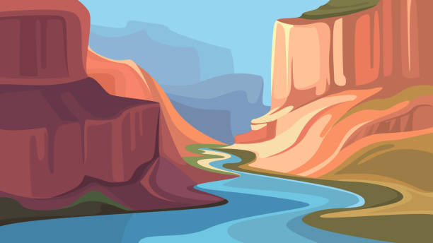 illustrazioni stock, clip art, cartoni animati e icone di tendenza di grande canyon con fiume. - canyon