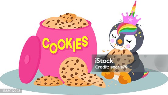 istock Big ceramic cookies jar and cute unicorn penguin eating cookie 1366012223