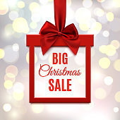 Big Christmas sale, square banner in form of  gift with red ribbon and bow, on blurred bokeh background. Brochure, greeting card or banner template. Vector illustration.