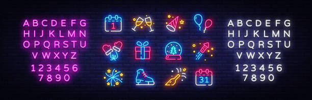 Big collectin New Year neon signs. Happy New Year Neon Icons Vector....