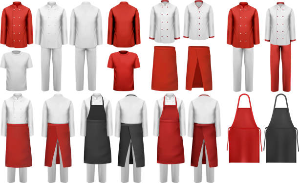Big collection of culinary clothing, white and red suits. Vector. Big collection of culinary clothing, white and red suits and aprons. Vector. chef apron stock illustrations