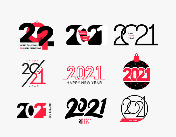 Big collection of logo 2021 Happy New Year signs. Set of 2021 Happy New Year symbols. Greeting card artwork, brochure template. Vector with black holiday labels isolated on white background.  2021 stock illustrations