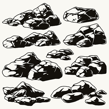 Big collection of stones and rocks in vintage monochrome style isolated vector illustration