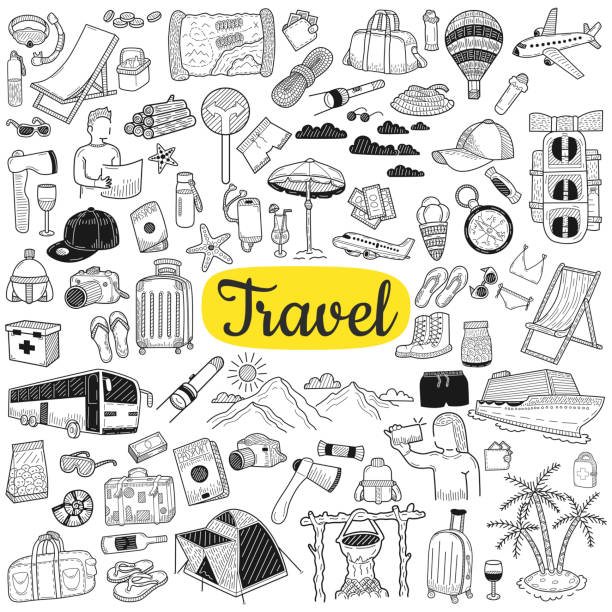 Big collection of travel elements. Tourism and summer concept. Hand drawn sketch isolated on a white. Vintage vector engraving illustration for poster, web.  travel drawings stock illustrations