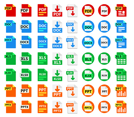 Big Collection of vector icons. File format extensions icons. 8 different design options. PDF, DOC, DOCx, XLS, XLSx, PPT, PPTx. vector