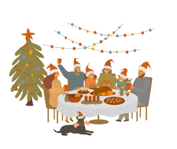 duża urocza rodzina kreskówek, dziadkowie i dzieci rodzice zbierają się przy stole xmas, świętując wigilię odosobnionej sceny ilustracji wektorowej - christmas table stock illustrations