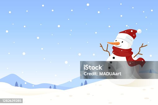 istock Big cute snowman on ground with winter landscape background. 1282639285