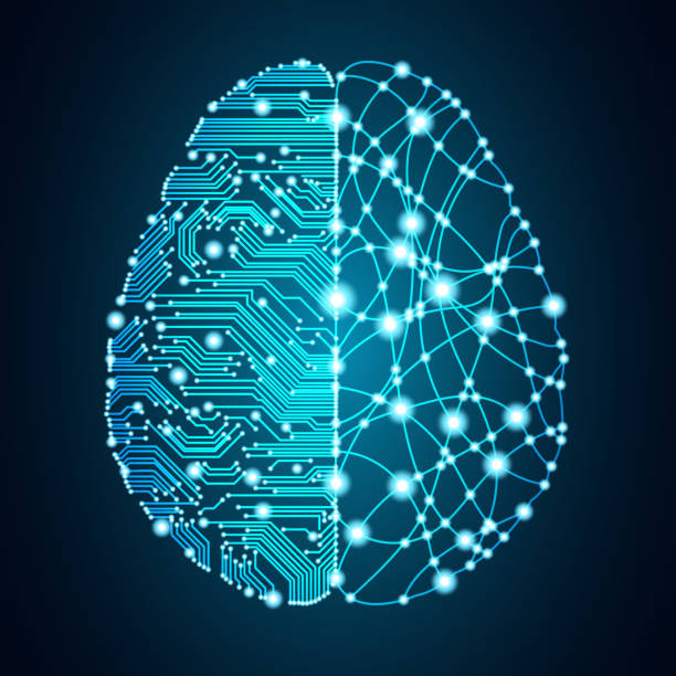 Big data and artificial intelligence brain concept. Big data and artificial intelligence concept. Machine learning and cyber mind domination concept in form of human brain outline outline with circuit board and binary data flow on blue background. machine learning stock illustrations