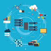 Network server of computers and business intelligence.Database security system. Backup data traffic analysis. Big Data and cloud computing banner concept with icons in flat design vector illustration.