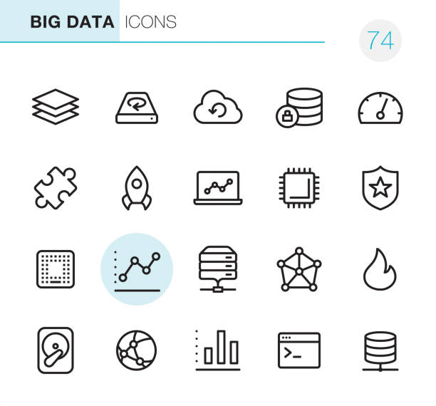 Big Data - Pixel Perfect icons 20 Big Data icons - Outline Style - Black line - Pixel Perfect / Set #74 
Icons are designed in 48x48pх square, outline stroke 2px.

First row of outline icons contains: 
Data Stack, Hard Disc Drive, Cloud Computing, Encryption, Dashboard;

Second row contains: 
Solution, Rocket, Laptop, CPU, Network Security;

Third row contains: 
Computer Chip, Graph, Mainframe, Big Data, Flame; 

Fourth row contains: 
Hard Drive, Global Communications, Bar Chart, Coding, Network Server.

Complete Primico collection - https://www.istockphoto.com/collaboration/boards/NQPVdXl6m0W6Zy5mWYkSyw hard drive stock illustrations