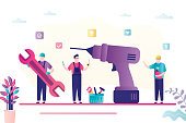 Big drill and team of servicemen in uniform. Group of repairman with various tools. Repair service, banner template. Male workers and toolbox nearby in trendy style. Flat vector illustration