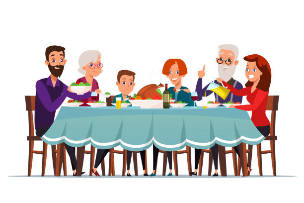 Big family dinner flat vector illustration Big family dinner flat vector illustration. Grandparents, parents and children sitting at served festive table, spending time together cartoon characters. Holiday celebration at home isolated clipart family dinner stock illustrations