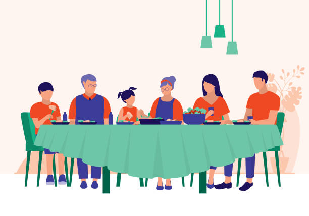 ilustraciones, imágenes clip art, dibujos animados e iconos de stock de gran familia cenando juntos en casa. concepto de relaciones familiares. ilustración de dibujos animados planos vectoriales. - family dinner