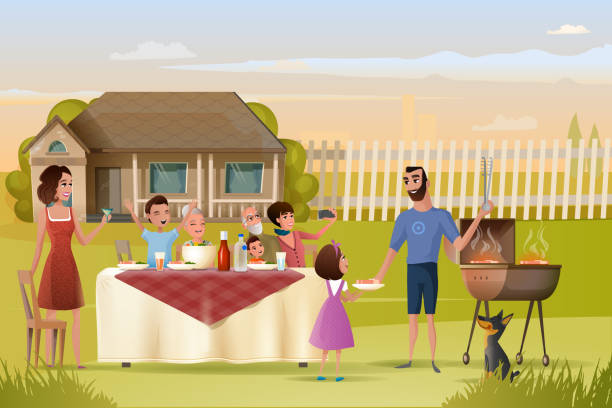 stockillustraties, clipart, cartoons en iconen met grote familie vakantie diner of picknick cartoon vector - family garden,party