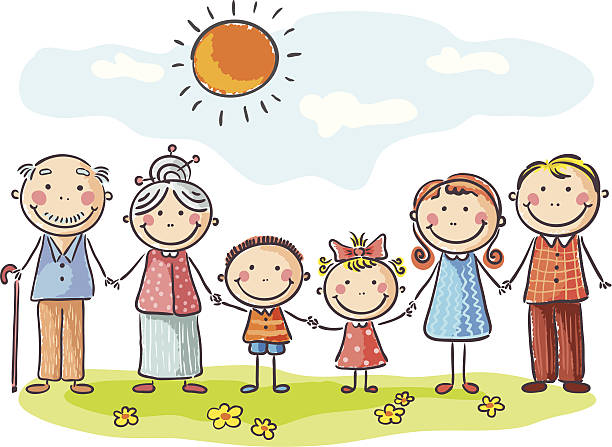 Big family Child's drawing of a happy family spending time outdoors. No gradients. family drawings stock illustrations