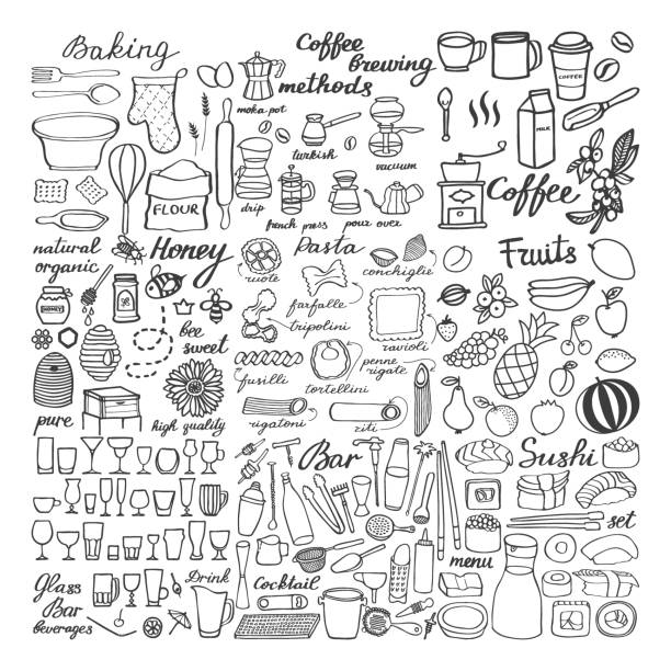 bildbanksillustrationer, clip art samt tecknat material och ikoner med stor mat skiss set, doodle ritningar av mat - baking
